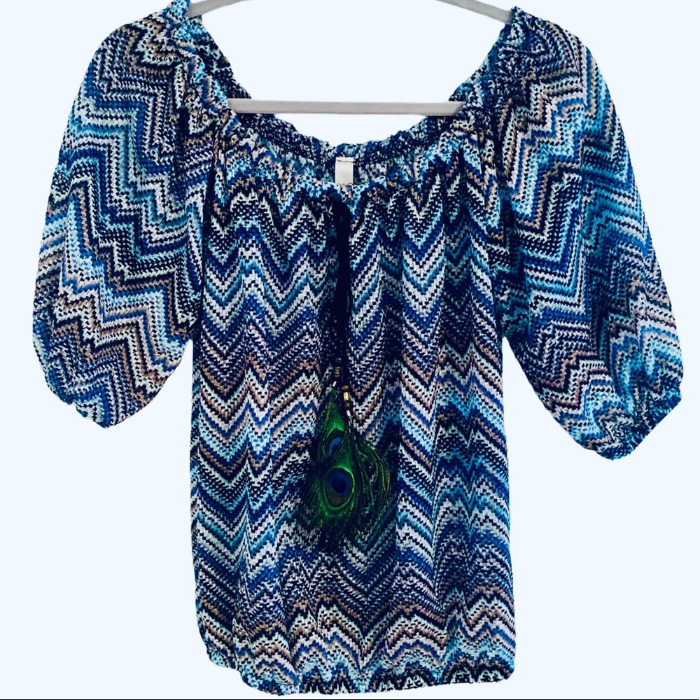 Entro Puff Sleeve Top with Feather Accents